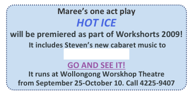 Maree’s one act play 
HOT ICE
will be premiered as part of Workshorts 2009!
 It includes Steven’s new cabaret music to
The Strings of Betty
GO AND SEE IT!
It runs at Wollongong Worskhop Theatre
from September 25-October 10. Call 4225-9407