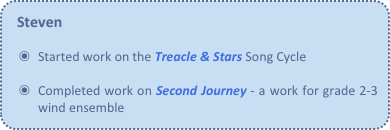 Steven

Started work on the Treacle & Stars Song Cycle

Completed work on Second Journey - a work for grade 2-3 wind ensemble