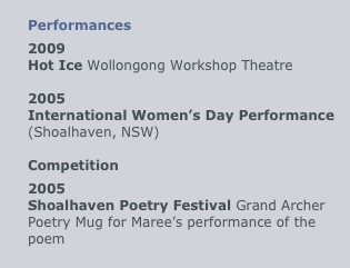 
Performances
2009
Hot Ice Wollongong Workshop Theatre

2005
International Women’s Day Performance (Shoalhaven, NSW)

Competition
2005
Shoalhaven Poetry Festival Grand Archer Poetry Mug for Maree’s performance of the poem
